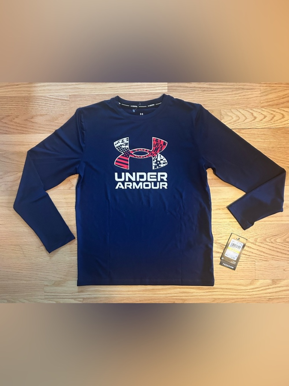 Under Armour Navy Long Sleeve Swim Surf Tee Shirt USA Logo UV Protect Youth Med